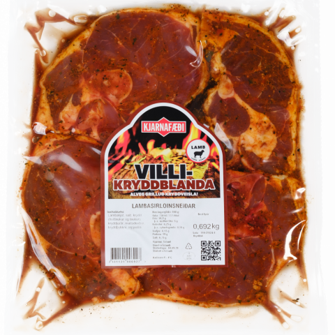 Lambal&aelig;rissnei&eth;ar sirloin villikrydda&eth;ar